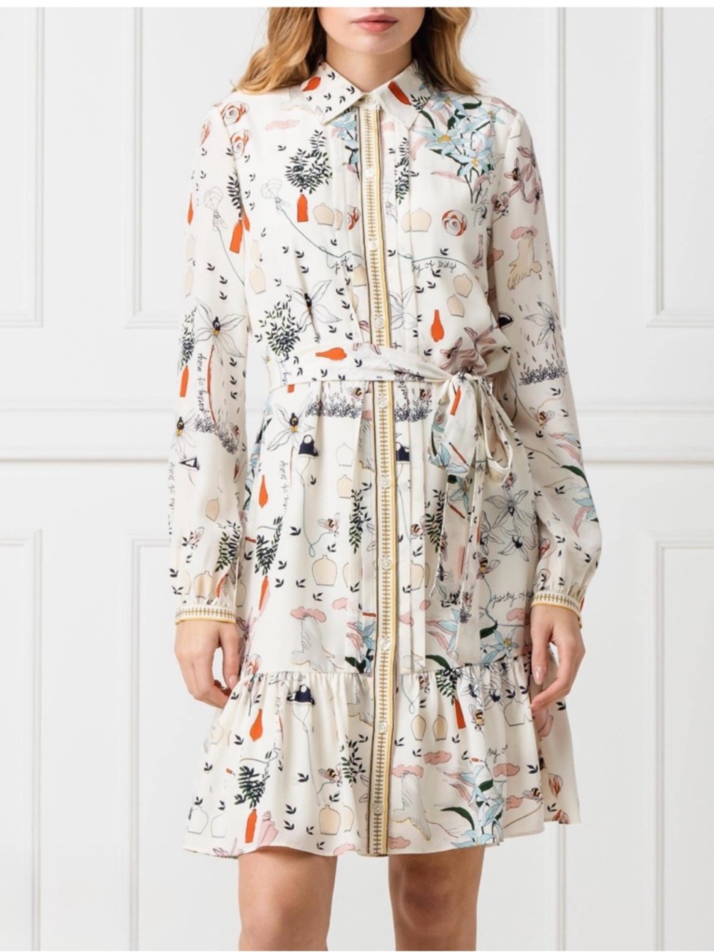 Tory Burch Cream Floral-Print Silk Shirt Dress with Belt